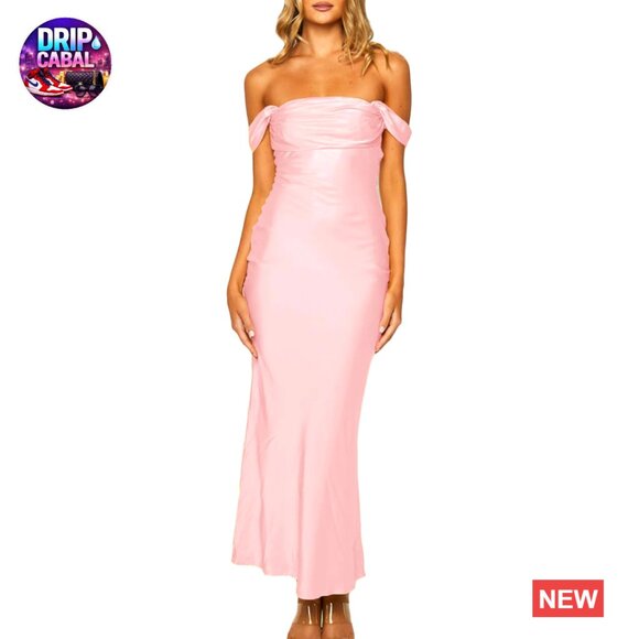 Satin Off Shoulder Backless Maxi Dress Elegant Formal Evening Party Wear